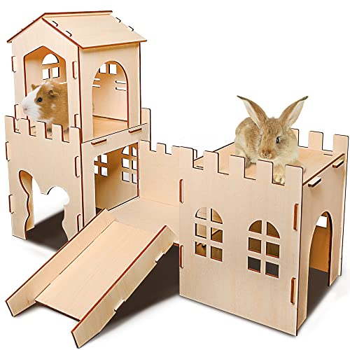 Extra Large Wooden Rabbit Castle Hideaway Tunnel and Bed Small Animal Hideaway Hut Solid Safe Construction Play Hideaway Hut for Rabbit Guinea Pig Chinchilla