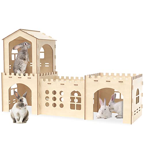 Woiworco Extra Large Rabbit Hideout, Wooden Rabbit Houses and Hideouts, Large Wooden Rabbit Castle Bunny Hideout, Spacious Breathable Hideouts for Indoor Bunnies, Hamsters and Guinea Pigs Hut to Hide
