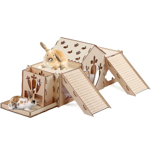 VSPET Rabbit Hideout, Rabbit Castle, Large Wooden Bunny Hideout with Ramp, Bridge, Tunnel, Playhouse and Food Feeder for Small Animal Houses & Habitats (Castle 1)