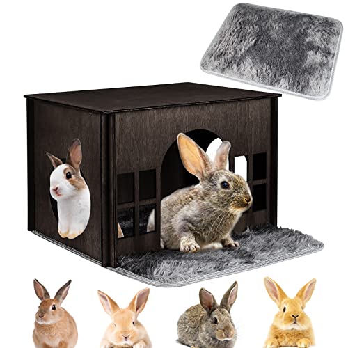 WHEARTED Rabbit House Wooden, Rabbit Houses and Hideouts, Large Rabbit Hideout Bunny House with Multiple Windows for Indoor Adult Bunnies Guinea Pigs Chinchilla Habitat - Walnut Color