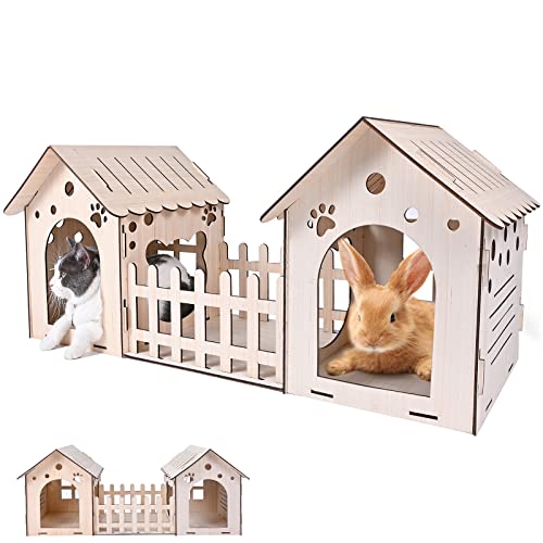 Extra Large Wooden Rabbit Castle with courtyard - Wooden Cat Beds for Indoor Cats, Rabbit Hideout Bunny House Luxurious Small Animal Rest and Play House for Chinchilla Guinea Pig Hamster Hideout Habit