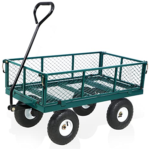 Heavy Duty Steel 800-900Lbs Wagon Garden Carts, Utility Pullable with Removable Folding Sides, All Terrain Wagons for Outdoor, Garden, Farm, Yard, Green-43" x 21"x 21" inch