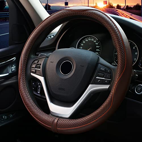 Valleycomfy Steering Wheel Covers Universal 15 inch - Genuine Leather, Breathable, Anti Slip & Odor Free (Coffee, M(14" 1/2-15" 1/4))