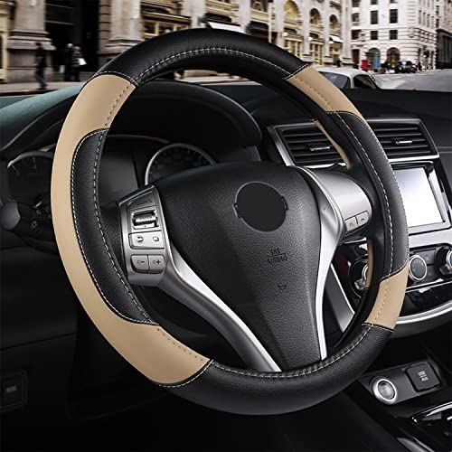 Ouzorp Leather Car Steering Wheel Cover, Car Wheel Cover Protector Non-Slip Breathable Microfiber Leather Universal FitBeige