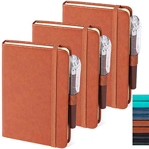 3 Pack Pocket Journal Notebook, Hardcover A6 Mini Small Notebooks Bulk College Ruled Notepad with Pens, 100gsm Paper, 3.7" x 5.7", Brown