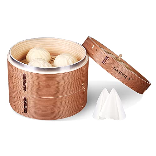 Dasoguy Deepen 11.8 Inch Handmade Wood Steamer with Stainless Steel Rings, Two Tiers Steam Basket for Dumpling Dim Sum Bun Rice Chinese Food, Present 2 Cotton Liners
