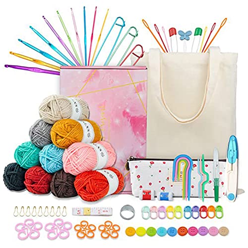 96PC Crochet Kit for Beginners Knitting & Crochet Supplies,Premium Crocheting Kit Includes 10 Spools Crochet Yarn, 10 Crochet Hoots,6 Needes and 1 Canvas Bag,Crochet Kits for Starter Adults Kids