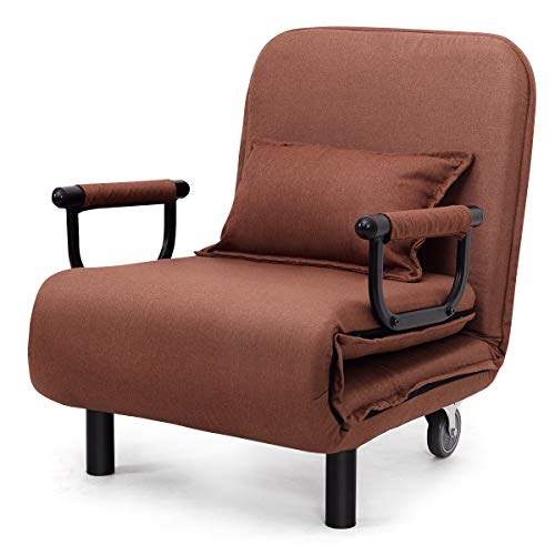 KOMFOTT Convertible Chair Bed, Tri-Fold Sofa Bed with 5-Position Adjustable Backrest & Pillow, Leisure Chaise Lounge Couch with Sturdy Steel Frame for Home & Office, Comfortable Sleeper Chair (Coffee)