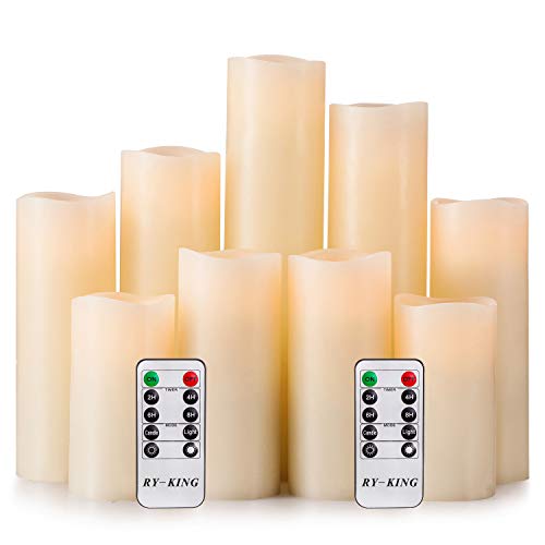 RY King Battery Operated Flameless Candle Set of 9 Real Wax Pillar Decorative Led Fake Candles with Remote Control and Timer