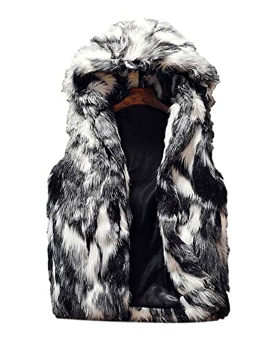 Idopy Men`s Luxury Faux Fur Hoodie Coats Sleeveless Jacket Vest With Hood (US M(tag XL), Black Grey)