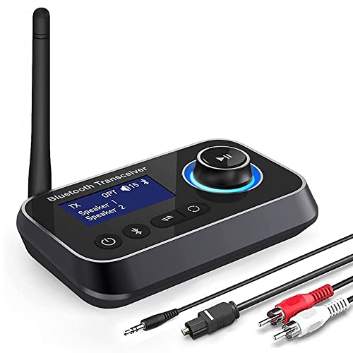 Ainostone Bluetooth 5.0 Transmitter Receiver, 2-in-1 Audio Adapter for 2 Headphones with LCD Display Low Latency Long Range Volume Adjustable, Optical AUX RCA Bypass for Home Theater Speaker Projector