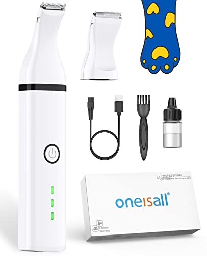 oneisall Dog Clippers/Dog Paw Trimmer with Double Blades 2 in 1 Quiet Dog Grooming Clippers/Cordless 2 Speed Small Pet Hair Trimmers for Dog's Hair Around Paws, Eyes, Ears, Face, Rump (White)