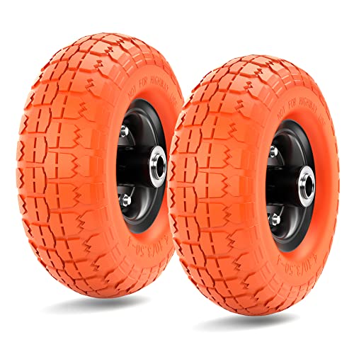 4.10 3.50-4 Tire and Wheel, 10 Inch Flat Free Tires 2 Pack with 5/8 Axle Bore Hole and Double Sealed Bearings, for Gorilla Carts Wheels/Dolly Tires/Hand Truck Tires/Dump Cart Tires