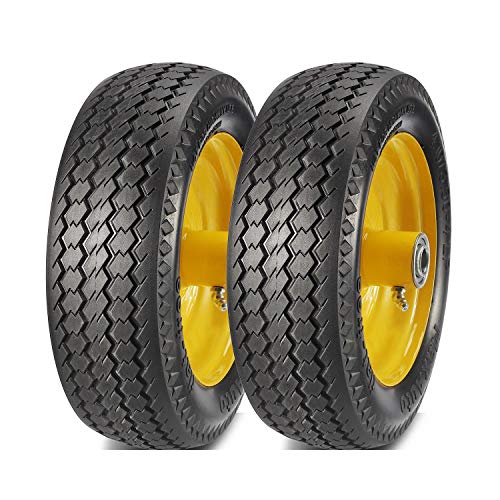 MaxAuto 10-Inch Solid Rubber Tires 4.10/3.50-4" Flat Free Tire 4.10 3.50-4 Tire and Wheel, 2.25" offset Hub, 5/8" Bushings for Hand Truck All Purpose Utility Tire, Set of 2