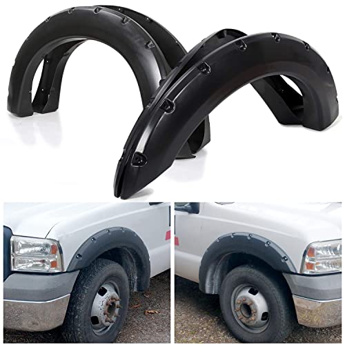 ECOTRIC 4PC Fender Flares Compatible with 1999-2007 Ford F250 F350 Super Duty Wheel Pocket Rivet Style Protector Protection Guards Cover Polyproplylene Replace for FO1240208 F81Z16006AA