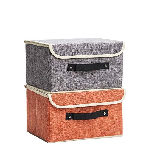 Small Storage Boxes with Lids 2 Pack Linen Collapsible Cube Storage Basket with Handle, Jane's Home Foldable Fabric Storage Box with lids Organizer for Toys, Clothes Closet, Ornament