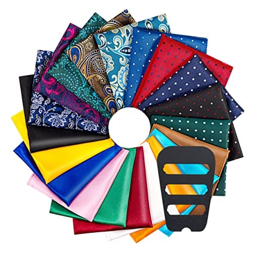 ekSel Pocket Squares for men 20 Pack set with Pocket Square Holder in Gift Box Assorted colors Polka dots Paisley Plain