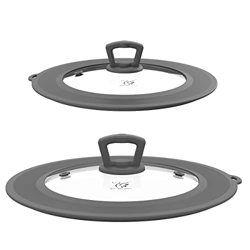 Set of 2 Vented Tempered Glass Universal Lid for Pot Pan Skillet with Heat Resistant Silicone Microwave Splatter Cover Microwave Safe Fit 6.5" 7" 7.5" and 9.5" 10" 10.5" 11", Light Grey