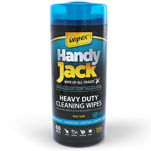 Wipex Handy Jack Heavy Duty Wipes, Dual Texture Cleaning Cloth, Use on Hands, Equipment, Tools, Garden, Automotive, Sneakers, Walls Easily Removes Paint, Adhesives, Oil, Grease, & Dirt, 60ct Canister