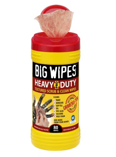 BIG WIPES 60020046 Heavy Duty Industrial Textured Scrubbing Wipes, Red Top, Hard on Grease/Grime, Soft on Hands, 80 Count