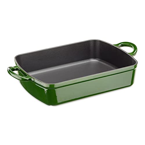 Navaris Cast Iron Casserole Dish - Enameled Oven Baking Pan - Large Enamel Coated Roasting Pan for Meat or Vegetable Casseroles, Lasagna Dish - Green