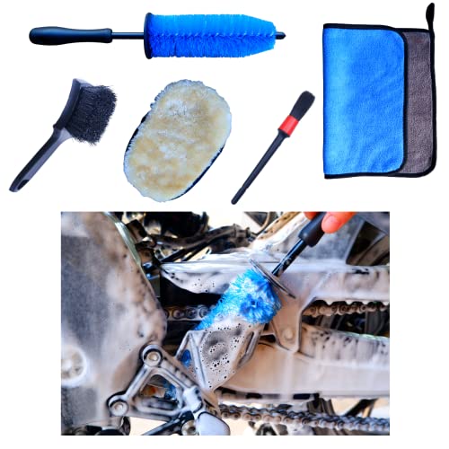 Motorcycle Cleaning Brush Kit 5 Pack, Easy Reach Brush, Wool Wash Mitt, Stiff Tire Brush, Detailing Brush& Microfiber Towel for Motorcycle Mudguard, Rims, Paint, Exhaust, Frame Detail Cleaning Product