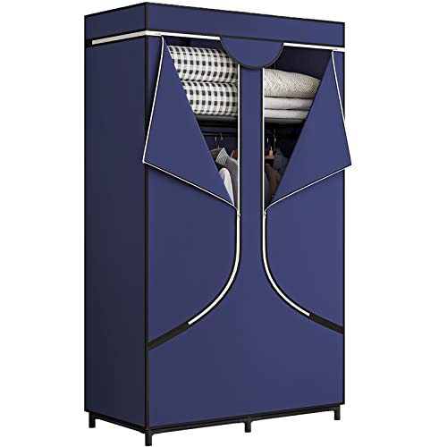 SORCEDAS Portable Wardrobe Closet Storage Organizer Metal Hanging Rack Non-Woven Fabric 34 Inch Coffee (34 Inch, Blue)