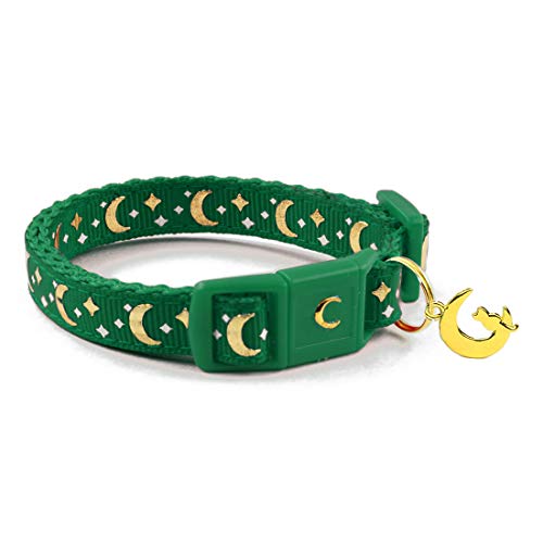 waaag Cat Collars, Gold Moons and Stars Cat Collar, Safety Breakaway Cat Collar, Glow in The Dark (Kitten 6.5"-10" Neck, Emerald)