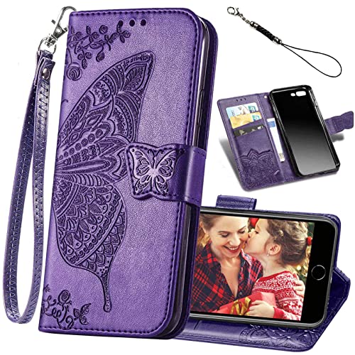 Designed for iPhone 8 Plus/iPhone 7 Plus Case,PU Leather Wallet Phone Case with Butterfly Embossed Stand Card Holder Slots Wrist Strap Flip Cover for iPhone 7 Plus/8 Plus/6 Plus/6S Plus,5.5"(Purple)