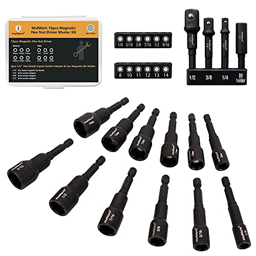 MulWark 16PC Magnetic Nut Driver Set - 1/4 Hex Head Impact Driver Bit Set |SAE and Metric Screwdriver, Manganese Phosphate Blackening Nut Setter Drill Bit Tools W/Impact Socket Adapters & Bit Holder