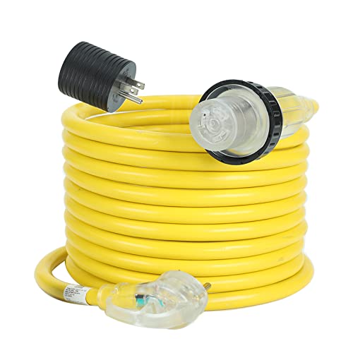 25FT 30 AMP RV Power Cord with Handles 10 Gauge Heavy Duty Weatherproof Electrical Camper Trailer Marine Boat Shore Cable with LED Twist Lock Connector Wire Yellow