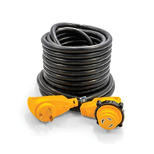 Camco 50 PowerGrip Extension Cord with 30M/30F- 90 Degree Locking Adapters | Allows for Easy RV Connection to Distant Power Outlets | Built to Last (55525)