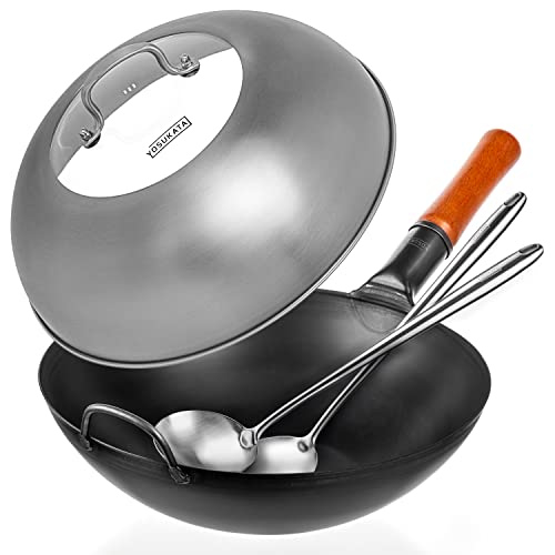 YOSUKATA Carbon Steel Wok Pan  13,5  With Lid - Woks and Stir Fry Pans with Stainless Steel Set (Spatula + Ladle)- Chinese Wok with Flat Bottom Wok