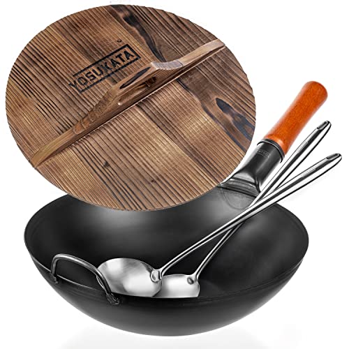 YOSUKATA Carbon Steel Wok Pan 13,5 + 17 Wok Spatula and Ladle - Set of 2 Heat-Resistant Wok Tools + Premium Wok Cover 13,5 inch Pan Lid