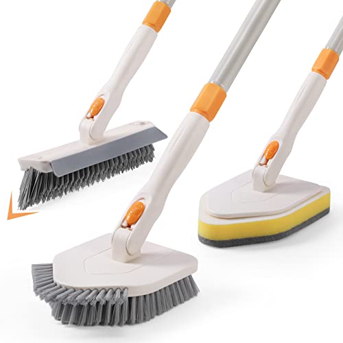 3 in 1 Shower Scrubber Cleaning Brush with 49'' Long Handle, FUUNSOO Tub & Tile Grout Brush Stiff Bristles Lock in Place Scrub Brush Head for Bathroom Kitchen Wall Floor Bathtub Sink Glass - Upgrade