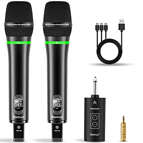 Bietrun Rechargeable Wireless Microphone for Singing, Karaoke,Dual Metal Cordless Handheld Dynamic Wireless Mics with 32FT Bluetooth, UHF 240FT Range for 1/4'',1/8''Output,PA System,Dj,Mixer,Church