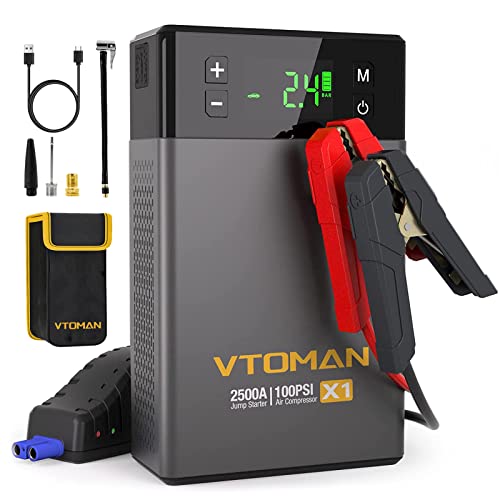VTOMAN X1 Jump Starter with Air Compressor, 2500A Portable Battery Booster (Up to 8.5L Gas/6L Diesel Engines) with 100PSI Digital Tire Inflator, 12V Car Lithium Battery Jump Box Pack Power Charger