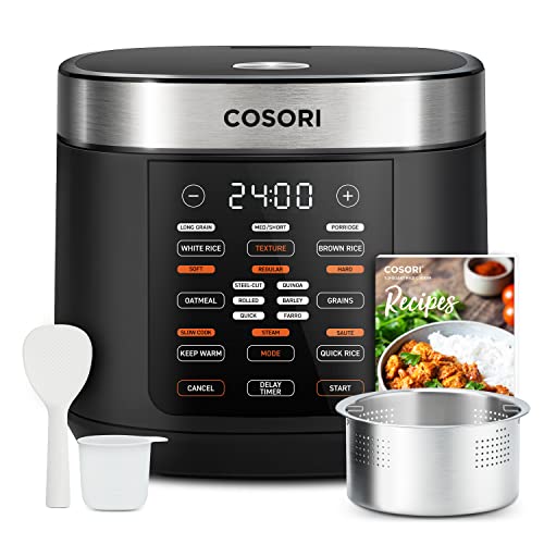 COSORI Rice Cooker 10 Cup Uncooked Large Rice Maker Pot with 18 Functions, Fuzzy Logic Micom Technology, Texture Optional, 50 Recipes, Stainless Steel Steamer, Warmer, Timer, Olla Arrocera Electrica