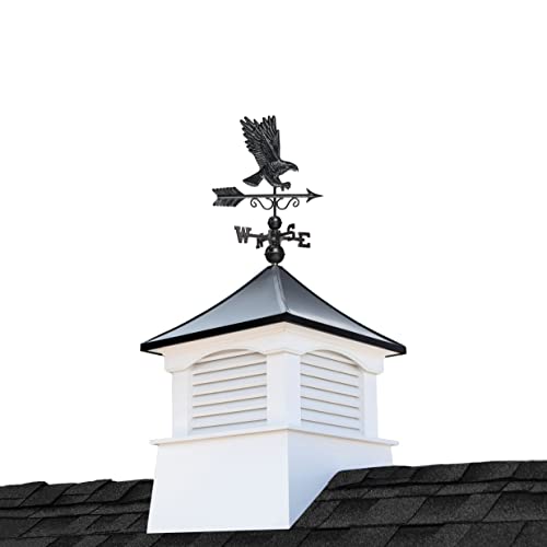 30" Square Coventry Vinyl Cupola with Black Aluminum roof and Black Aluminum Eagle Weathervane by Good Directions