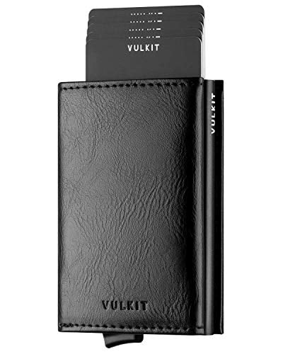 VULKIT Pop up Wallet RFID Blocking Leather Credit Card Wallet with Banknote Compartment, ID Window & Coin Pocket (Black)