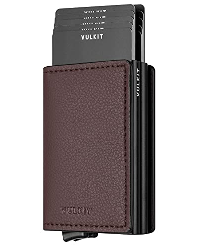 VULKIT Pop Up Wallet Automatic Leather Slim Credit Card Holder RFID Blocking Metal Double Card Case for Men and Women Dark Brown