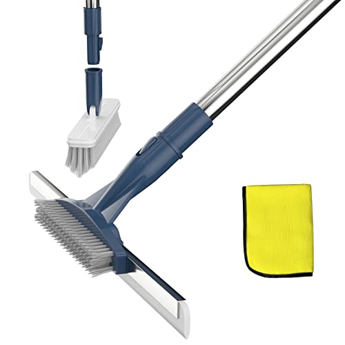 Floor Squeegee Scrubber,Shower Squeegee with Grout Brush,13.8 Squeegee Broom for Floor,Glass,Garage,Window,Shower Floor Scrubber for Cleaning,Stainless Steel Handle up to 55''
