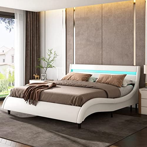TTVIEW Queen Upholstered Smart LED Bed Frame with Headboard, Modern Faux Leather Wave-Like Platform Bed Frame, Low Profile Bed Frame with Solid Wood Slats Support, White