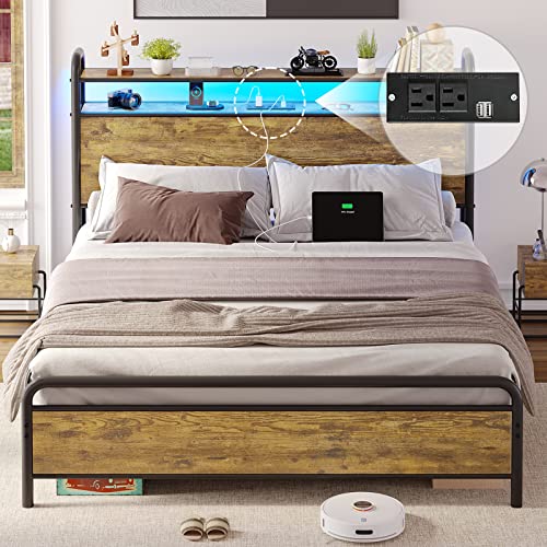Hasuit LED Full Bed Frame with 2-Tier Storage Bookcase Headboard, Smart Industrial Platform Bed Frame with Outlets & USB Ports, Strong Steel Slats Support Mattress Foundation, No Box Spring Needed