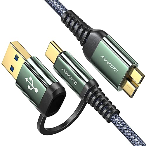 AINOPE USB 3.0 Cable for Hard Drive, [Dual Adapters] USB Micro B 3.0 Cable 1.5FT/0.5m, Nylon Braided Micro B to USB C External Hard Drive Cable for Seagate WD Toshiba, MacBook Air M2/Pro Samsung S5