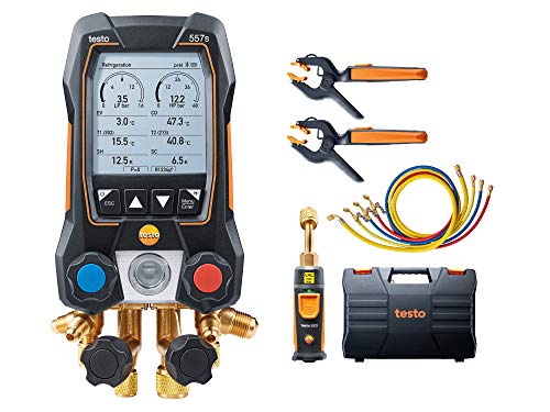 Testo 557s Kit I App Operated Digital Manifold, 2 x testo 115i Pipe Clamp Thermometer, 1 x testo 552i Micron Gauge, 4 x Hoses I for HVAC Systems  with Bluetooth