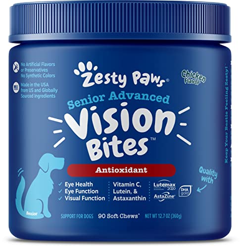 Zesty Paws Eye Supplement for Dogs - Vision Support with Lutein + Vitamin C & Astaxanthin Antioxidants - Dog Vitamins for Eyes + Fish Oil for Omega 3 EPA & DHA Fatty Acids for Senior Dogs - 90 Chews
