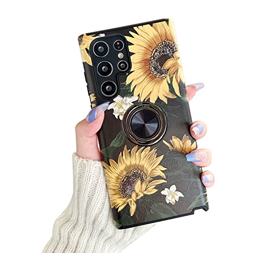 Hosgor Galaxy S22 Ultra Case with Kickstand, Cute Ring Finger Grip Holder Sunflower Design Rugged Shockproof Slim Soft TPU+Hard PC Dual Laye Cover for Samsung Galaxy S22 Ultra - 6.8IN (Sunflower)