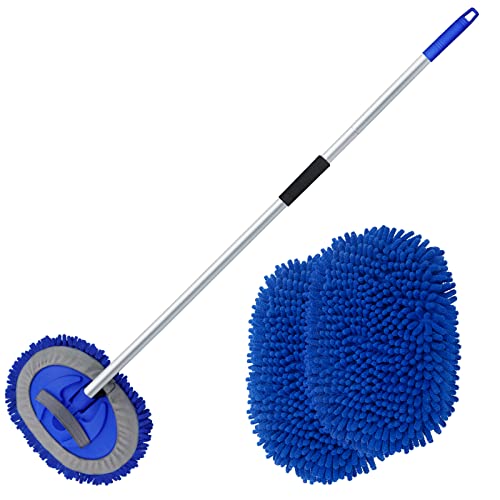 anngrowy 62" Microfiber Car Wash Brush with Long Handle Car Washing Mop Kit Mitt Sponge Car Cleaning Supplies Kit Duster RV Washing Car Brush Accessories, 1 Chenille Scratch-Free Replacement Head