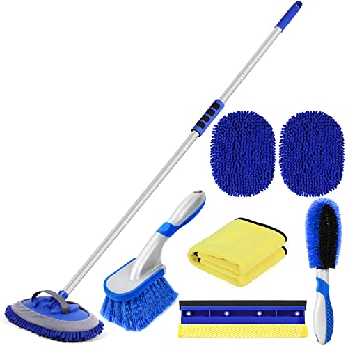 Lsyomne 62'' Car Wash Brush Mop Kit with Long Handle Microfiber Car Washing Tool kit Detailing Brush Car Wheel Tire Cleaning Brush Windshield Squeegee Car Duster Towel for Cars Truck, SUV, RV